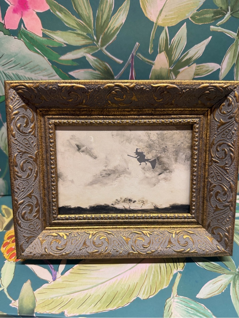 Witch Flying on Broom Framed Halloween Art Spooky Gothic Decor